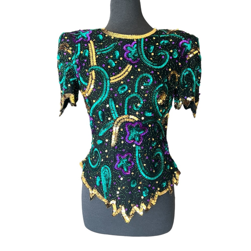 LAURENCE KAZAR NEW YORK VINTAGE SEQUINS ON SILK TOP ZIPS UP BACK SIZE SMALL